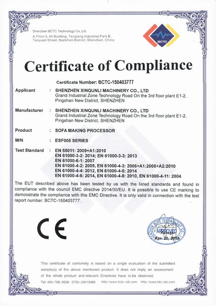 China Shenzhen Xinqunli Machinery Co., Ltd. Certificaten
